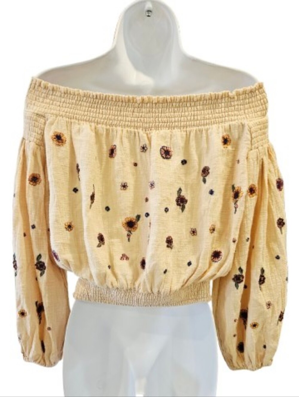 Free People Saachi Smocked Off Shoulder Embroidered Boho Top S - Picture 8 of 9